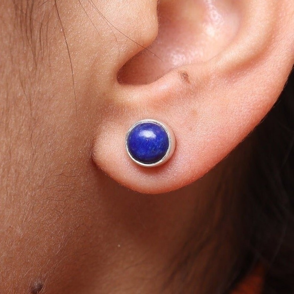 925 Sterling Silver Genuine Lapis Lazuli Round Cabochon Stud Earrings - Picture 3 of 6